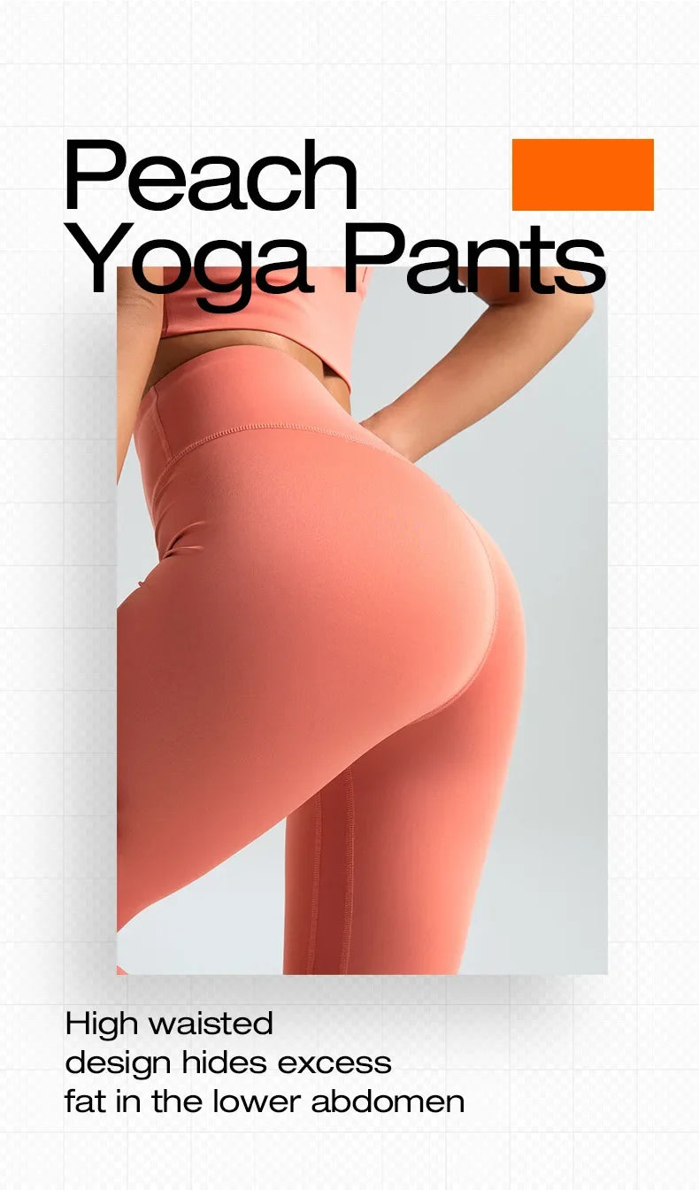 Peach yoga pants with text highlighting features on a white background