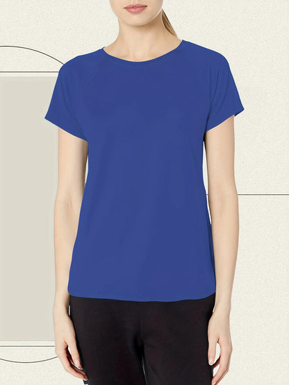 Person wearing a blue t-shirt against a neutral background