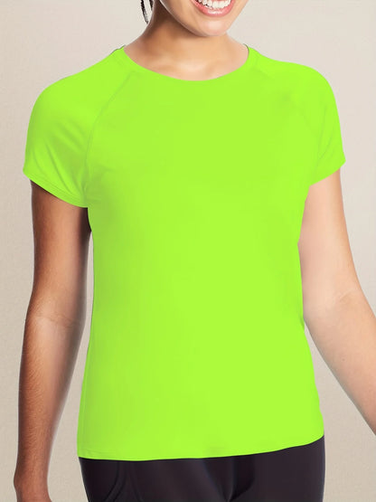 Person wearing a bright green t-shirt against a neutral background