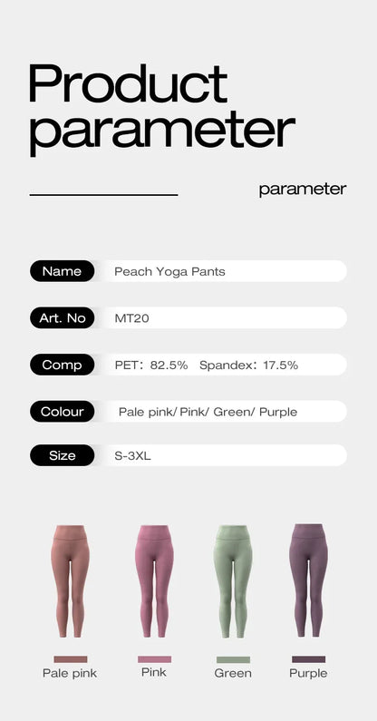 Product parameter card for peach yoga pants with color options and size information.