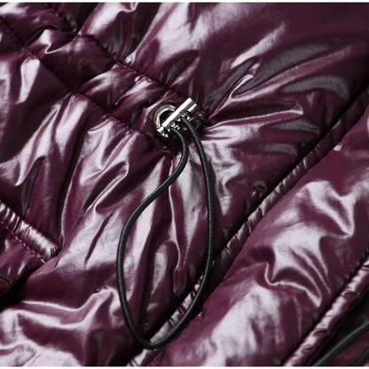 Close-up of a purple puffer jacket with a drawstring and zipper.