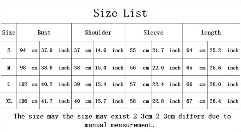 Size chart for clothing with measurements in centimeters and inches.