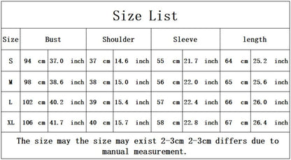 Size chart for clothing with measurements in centimeters and inches.