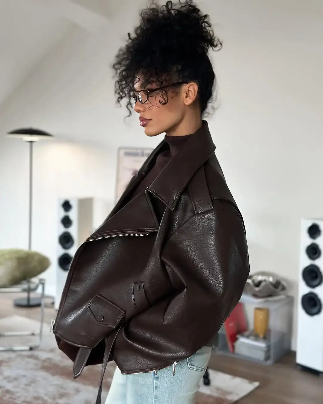 Casual Dark Red  Zipper Leather Short Jackets Women Long Sleeve Lace Up Lapel Loose Button Coat Lady Daily High Street Wear 2025