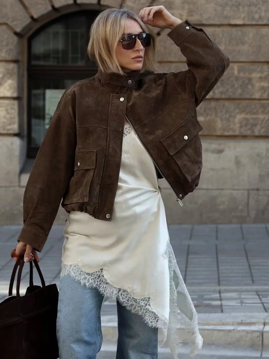 YENKYE Women Front Patch Pockets Faux Leather Bomber Jacket Long Sleeve Zipper Autumn Winter Coat 2025 Loose Outerwear