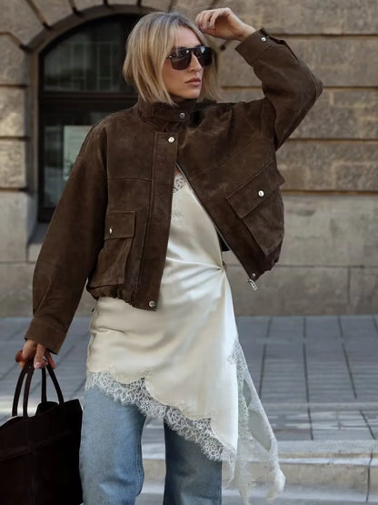 YENKYE Women Front Patch Pockets Faux Leather Bomber Jacket Long Sleeve Zipper Autumn Winter Coat 2025 Loose Outerwear