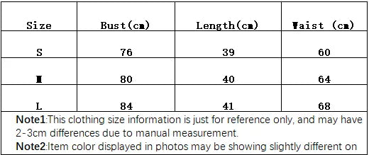 Clothing size chart with bust, length, and waist measurements in centimeters.