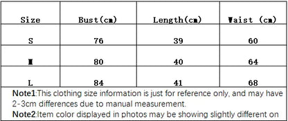 Clothing size chart with bust, length, and waist measurements in centimeters.