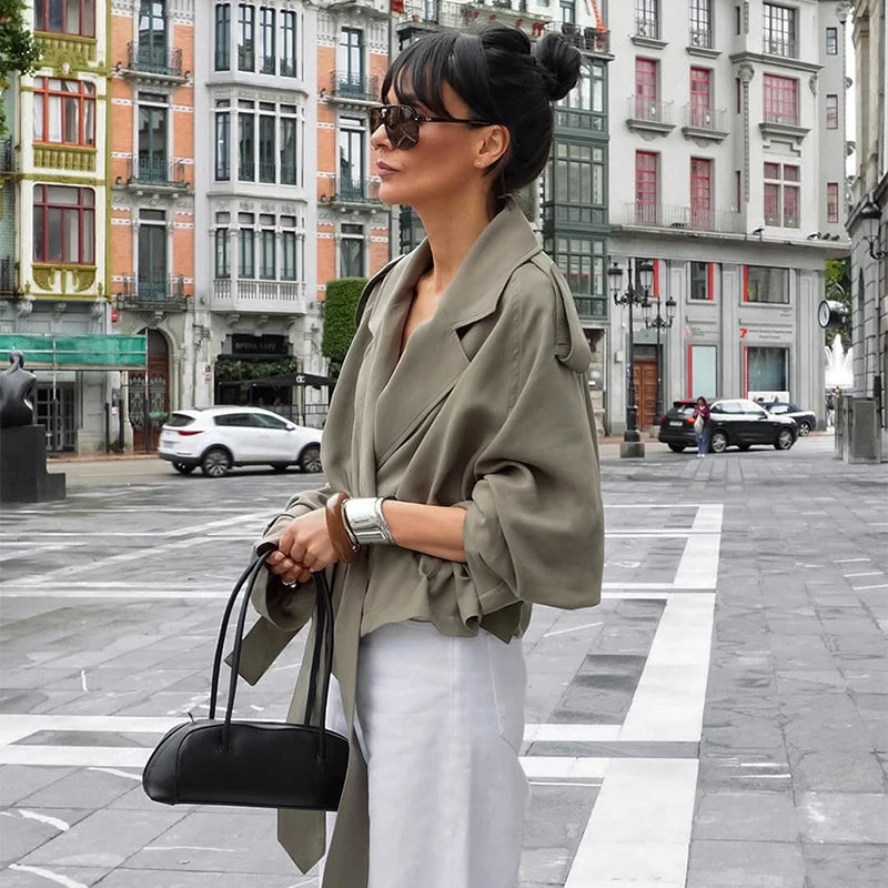 Solid Belted Oversized Windbreaker Women's Fashion Full Sleeve Button Loose Long Coat 2025 Office Lady Daily Commute Overcoats