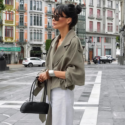 Solid Belted Oversized Windbreaker Women's Fashion Full Sleeve Button Loose Long Coat 2025 Office Lady Daily Commute Overcoats