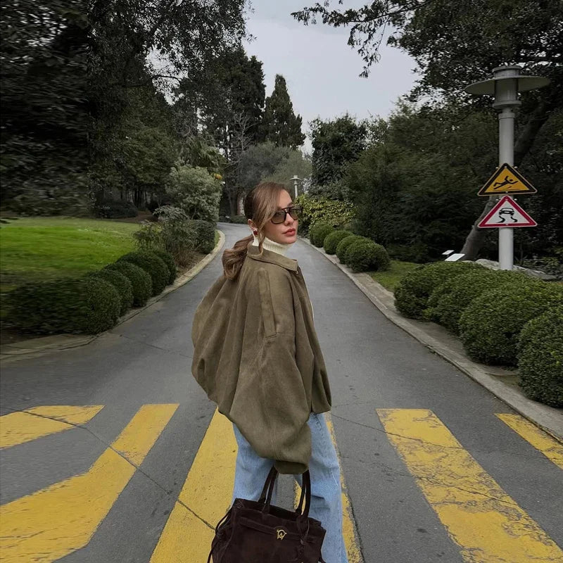 Solid Suede Zipper Short Jacket Women's Retro Full Sleeve Lapel Collar Pocket Elastic Waist Loose Overcoat Lady High Streetwear