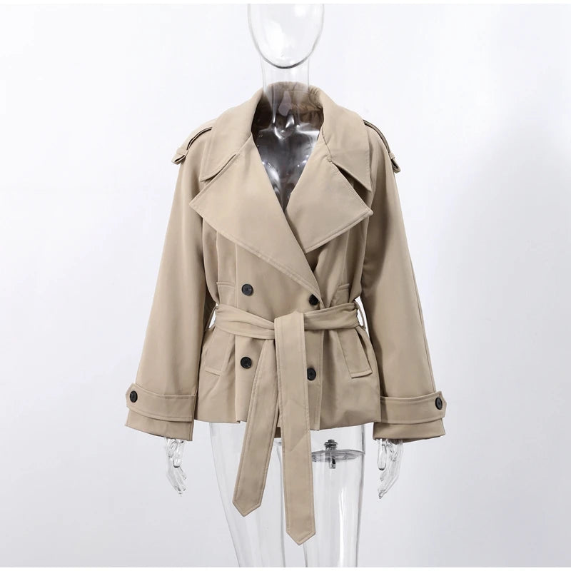 Solid Lapel Lace Up Jacket Elegant Chic Full Sleeve Button Loose Long Coat For Women 2025 New Office Lady Daily Commute Overcoat