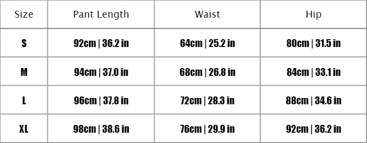 Table displaying pant measurements for different sizes with columns for Size, Pant Length, Waist, and Hip.