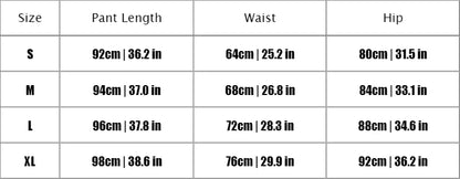 Table displaying pant measurements for different sizes with columns for Size, Pant Length, Waist, and Hip.