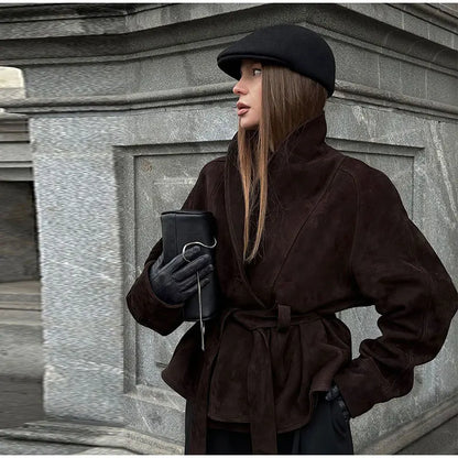 2025 Autumn New Belt Suede Jackets Women Lapel Long Sleeve One Button Lace Up Jacket Vintage Brown Loose Lady Outerwears Street