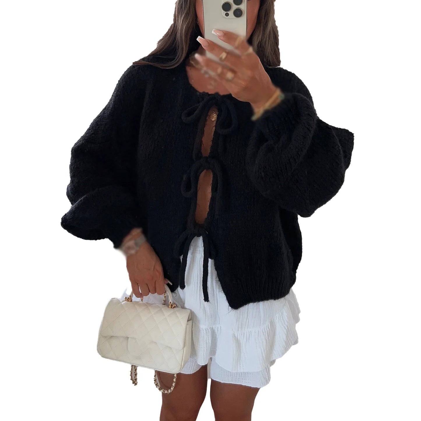 Knitwear Lace-Up Hollow Out Cardigan Top Women's Patchwork Fashion Autumn High Street Clothes Knit Y2k Bandage Cardigan