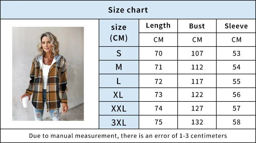 Size chart for a plaid jacket with a woman wearing the jacket and a measurement table.