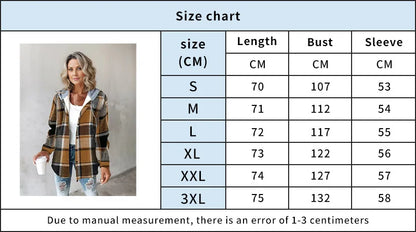 Size chart for a plaid jacket with a woman wearing the jacket and a measurement table.