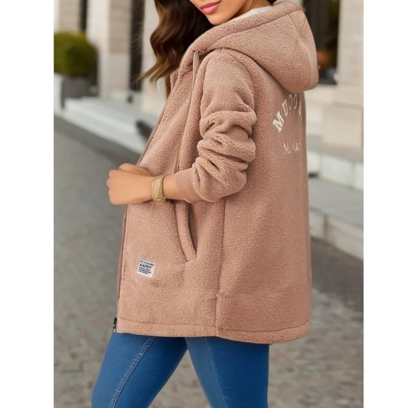 Women's Hooded Top  Winter Coat Thickened Fleece-lined Sweatshirt Carِdigan Winter Trendy New Style Lamb Wool Jacket Ladies