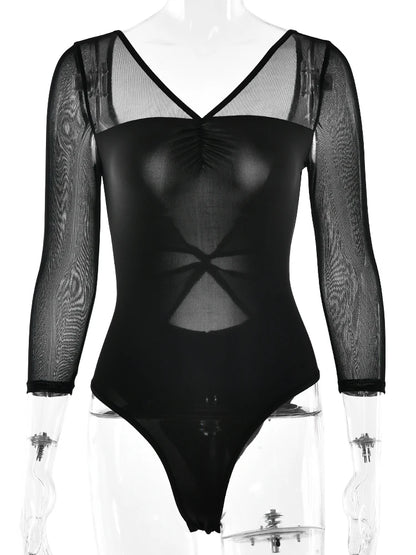 JULISSA MO Patchwork Sexy V-neck Sheer Mesh Women Bodysuit White Backless Long Sleeve Bodycon Autumn Elegant Party Clubwear 2025