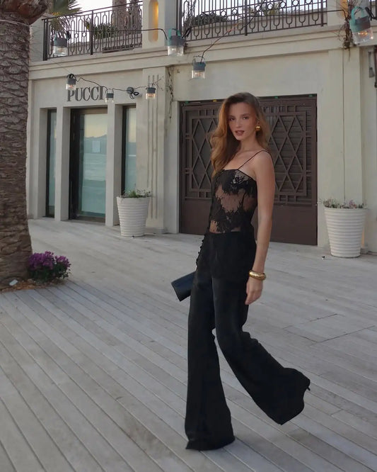 Lady Lace Patchwork Sling Top Sexy Sleeveless Off-shoulder Single Breasted See Through Blouse Women Chic Vacation Party Tops