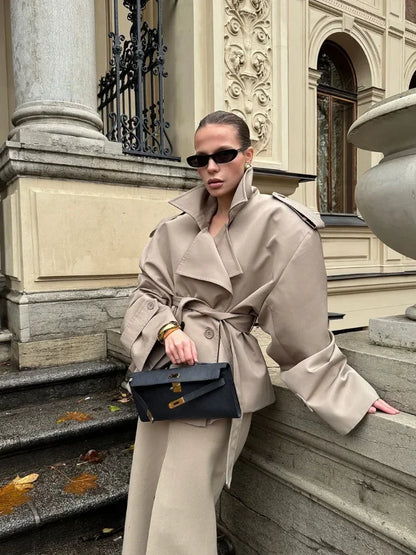 Solid Lapel Lace Up Jacket Elegant Chic Full Sleeve Button Loose Long Coat For Women 2025 New Office Lady Daily Commute Overcoat