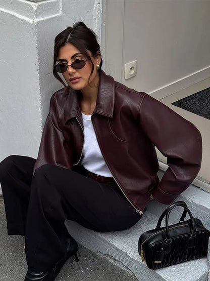 Casual Dark Red  Zipper Leather Short Jackets Women Long Sleeve Lace Up Lapel Loose Button Coat Lady Daily High Street Wear 2025