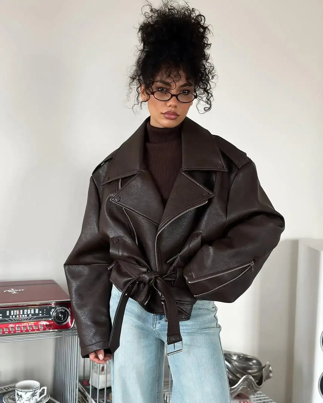 Casual Dark Red  Zipper Leather Short Jackets Women Long Sleeve Lace Up Lapel Loose Button Coat Lady Daily High Street Wear 2025