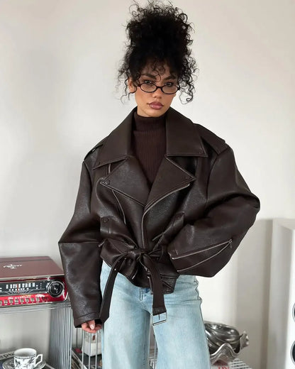 Casual Dark Red  Zipper Leather Short Jackets Women Long Sleeve Lace Up Lapel Loose Button Coat Lady Daily High Street Wear 2025