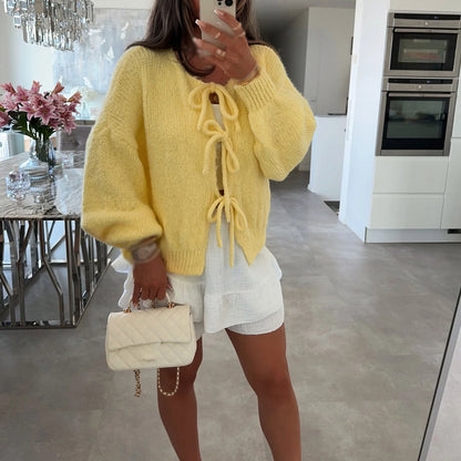 Knitwear Lace-Up Hollow Out Cardigan Top Women's Patchwork Fashion Autumn High Street Clothes Knit Y2k Bandage Cardigan