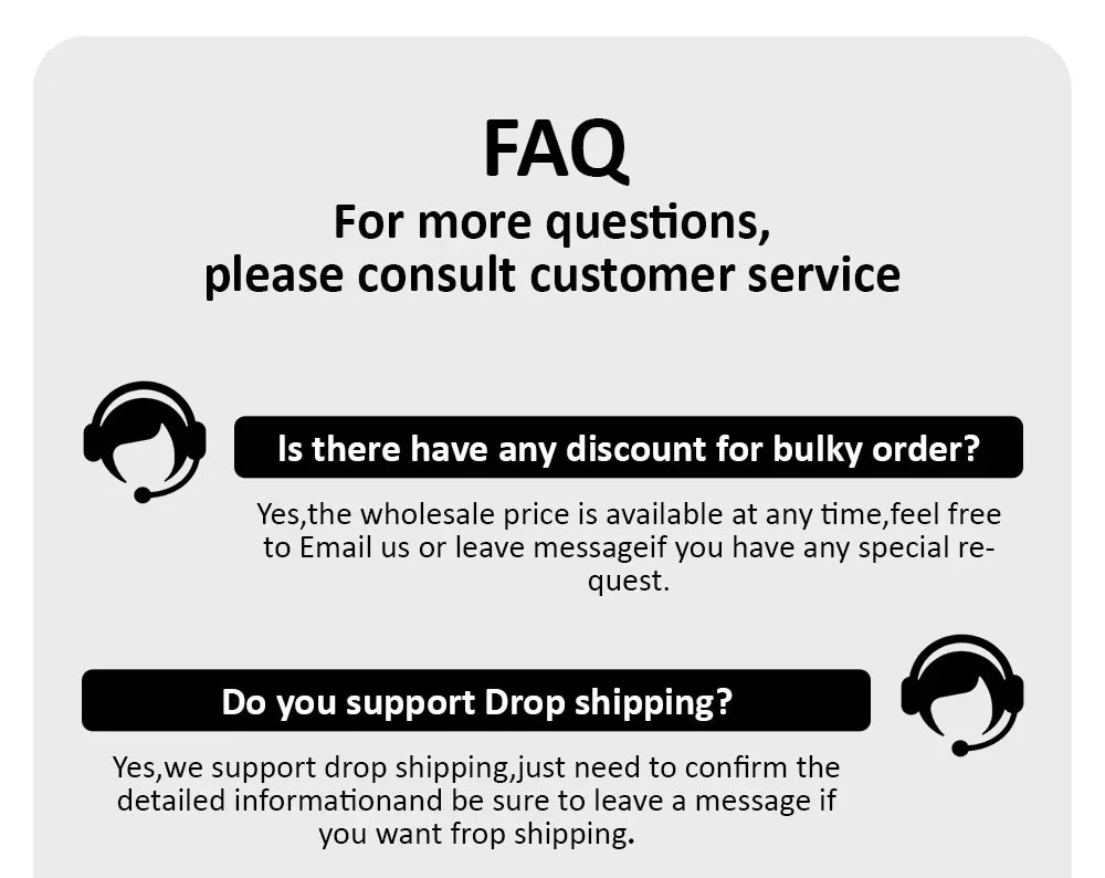 FAQ section with customer service contact information on a white background
