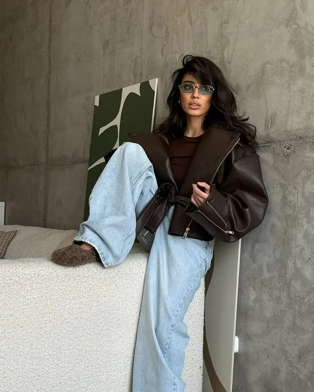 Casual Dark Red  Zipper Leather Short Jackets Women Long Sleeve Lace Up Lapel Loose Button Coat Lady Daily High Street Wear 2025