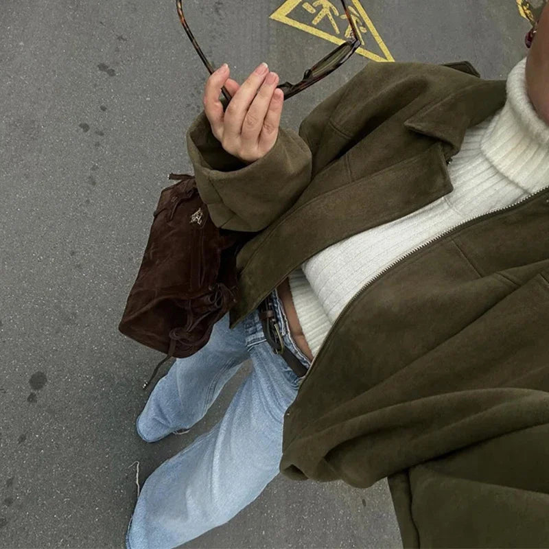 Solid Suede Zipper Short Jacket Women's Retro Full Sleeve Lapel Collar Pocket Elastic Waist Loose Overcoat Lady High Streetwear