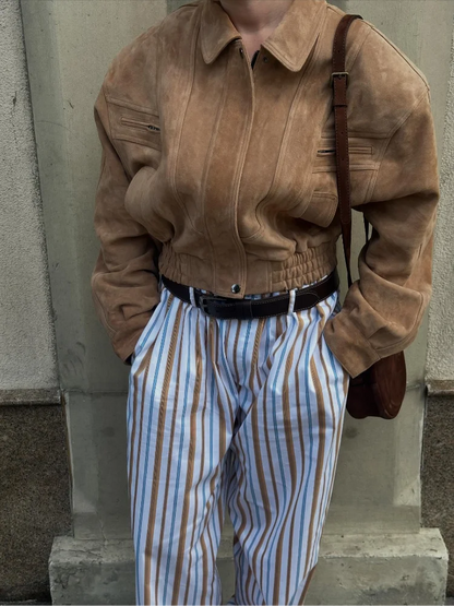 Solid Suede Zipper Short Jacket Women's Retro Full Sleeve Lapel Collar Pocket Elastic Waist Loose Overcoat Lady High Streetwear