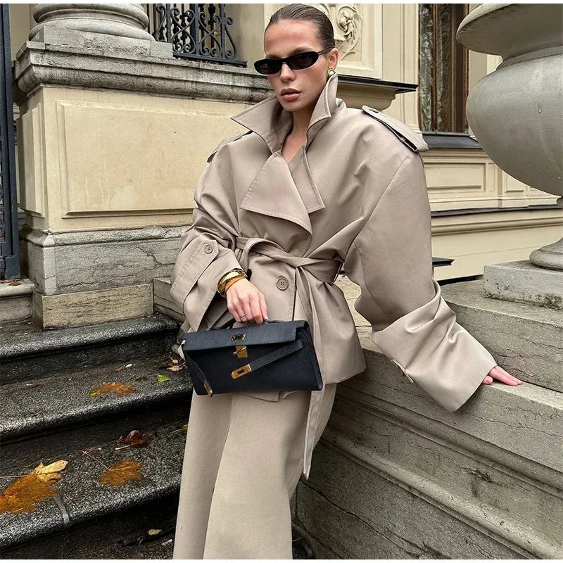 Solid Belted Oversized Windbreaker Women's Fashion Full Sleeve Button Loose Long Coat 2025 Office Lady Daily Commute Overcoats