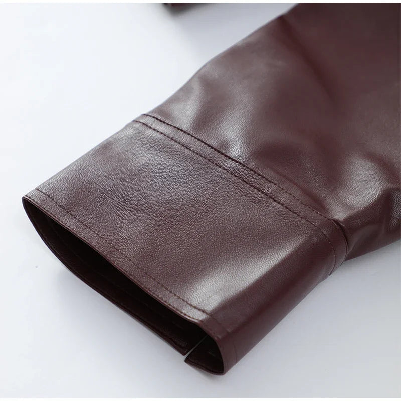 Casual Dark Red  Zipper Leather Short Jackets Women Long Sleeve Lace Up Lapel Loose Button Coat Lady Daily High Street Wear 2025