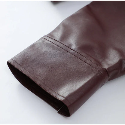 Casual Dark Red  Zipper Leather Short Jackets Women Long Sleeve Lace Up Lapel Loose Button Coat Lady Daily High Street Wear 2025