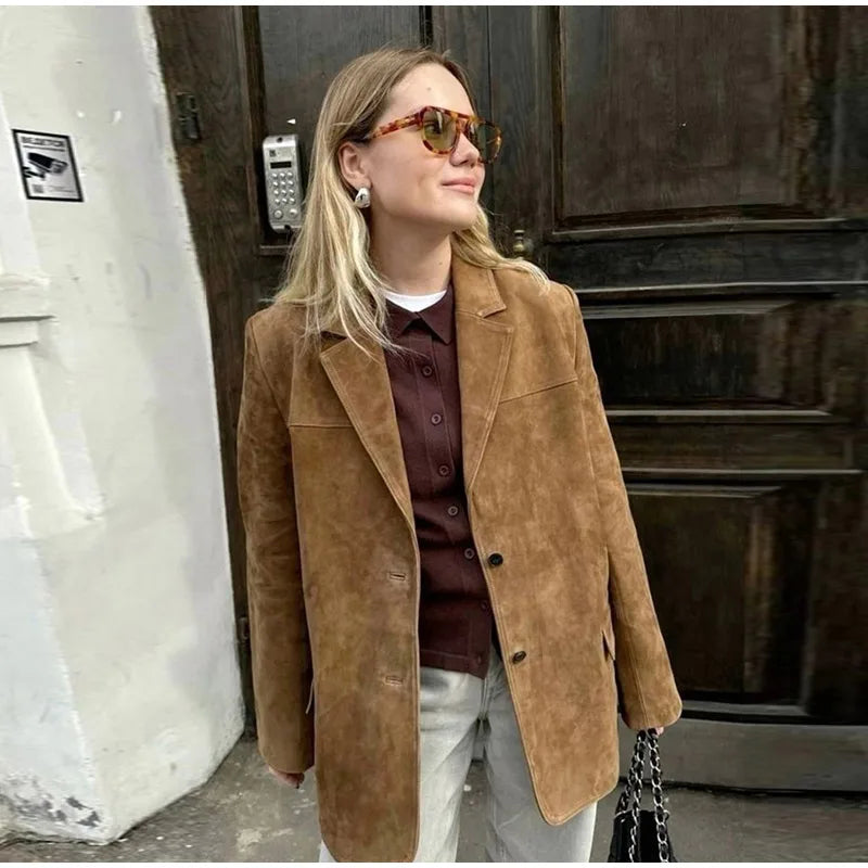 2025 Autumn New Belt Suede Jackets Women Lapel Long Sleeve One Button Lace Up Jacket Vintage Brown Loose Lady Outerwears Street