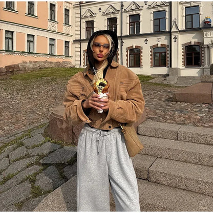 Solid Suede Zipper Short Jacket Women's Retro Full Sleeve Lapel Collar Pocket Elastic Waist Loose Overcoat Lady High Streetwear