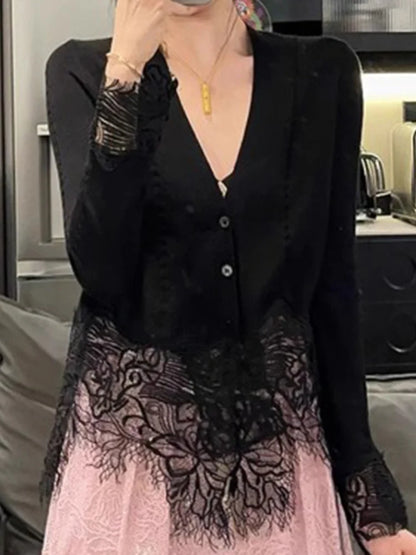 Retro V-Neck Single Breasted Lace Patchwork Knitted Cardigan 2025 New Fashion Spring Women'S Clothing