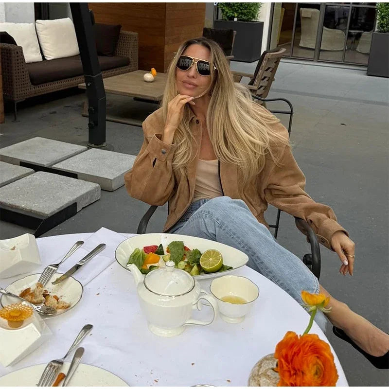 Solid Suede Zipper Short Jacket Women's Retro Full Sleeve Lapel Collar Pocket Elastic Waist Loose Overcoat Lady High Streetwear