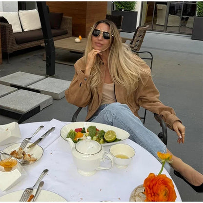 Solid Suede Zipper Short Jacket Women's Retro Full Sleeve Lapel Collar Pocket Elastic Waist Loose Overcoat Lady High Streetwear