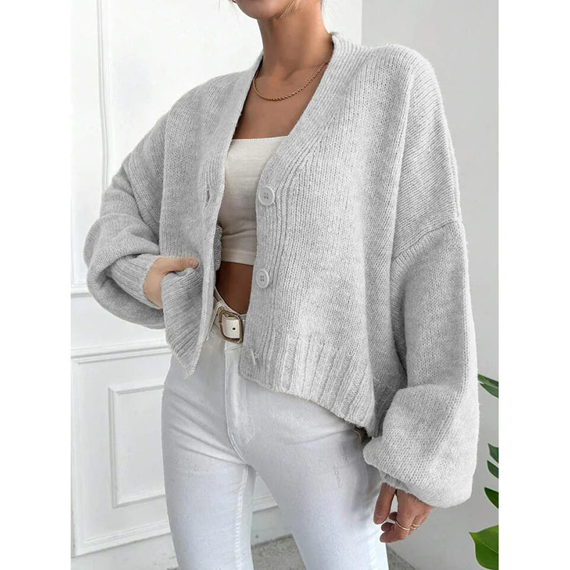 Knitted Cardigan Women's 2025 Autumn And Winter New Item Casual Loose V-neck Lantern Sleeves Knitted Sweater Women