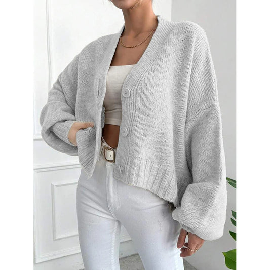 Knitted Cardigan Women's 2025 Autumn And Winter New Item Casual Loose V-neck Lantern Sleeves Knitted Sweater Women