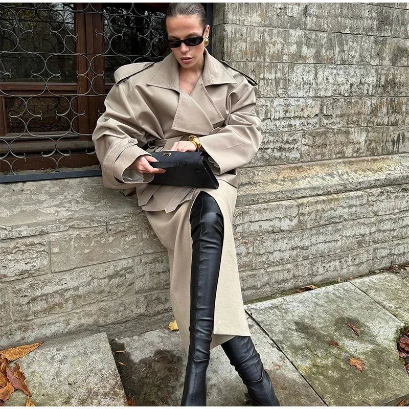 Solid Belted Oversized Windbreaker Women's Fashion Full Sleeve Button Loose Long Coat 2025 Office Lady Daily Commute Overcoats