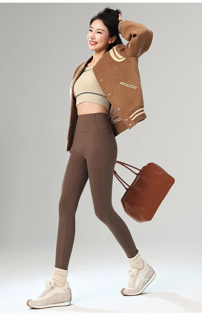 BIVIGAOS Autumn Winter Fleece Pocket Sharkskin Leggings Women High Waist Tight-Fit Velvet Thickened Warm Sports Running Leggings