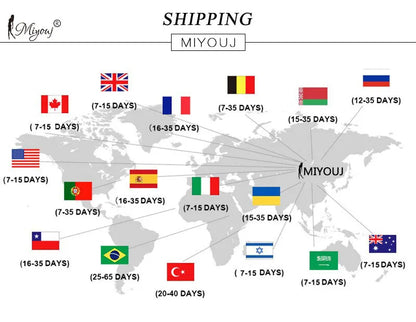 World map with flags indicating shipping times for MIYOUJ products to various countries.