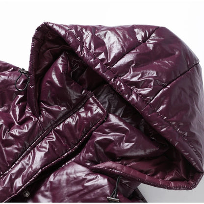 Close-up of a shiny purple puffer jacket with a hood.