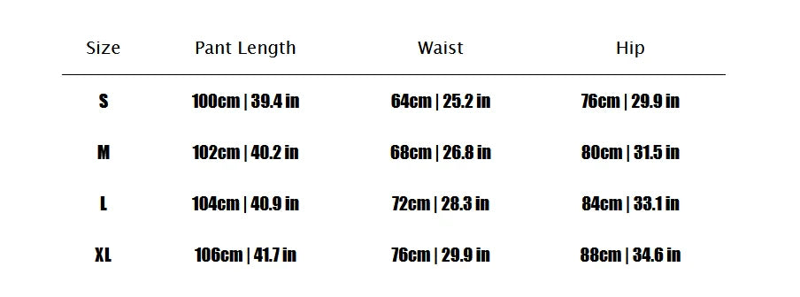 Size chart for pants with measurements in centimeters and inches.