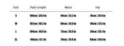 Size chart for pants with measurements in centimeters and inches.